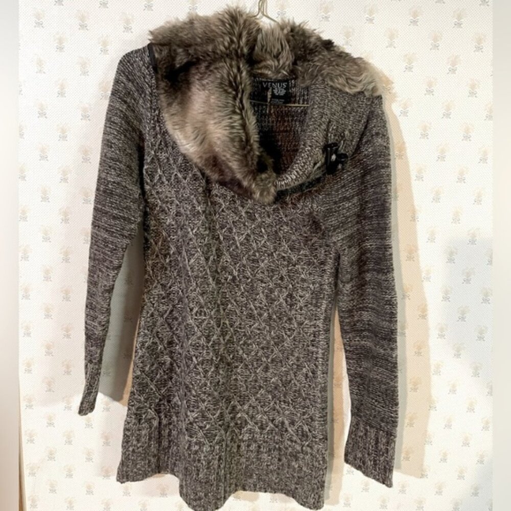 Venus Brown Faux Fur Knit Tunic Sweater